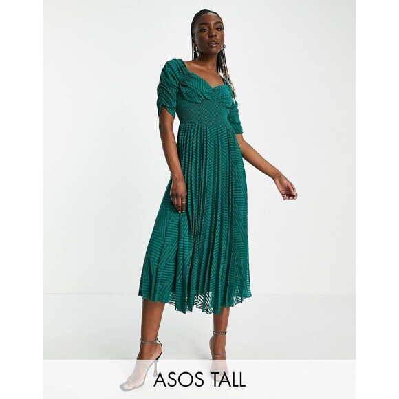 ASOS Ruched Waist Pleated Midi Dress Green Striped Sz 14 - Picture 11 of 14